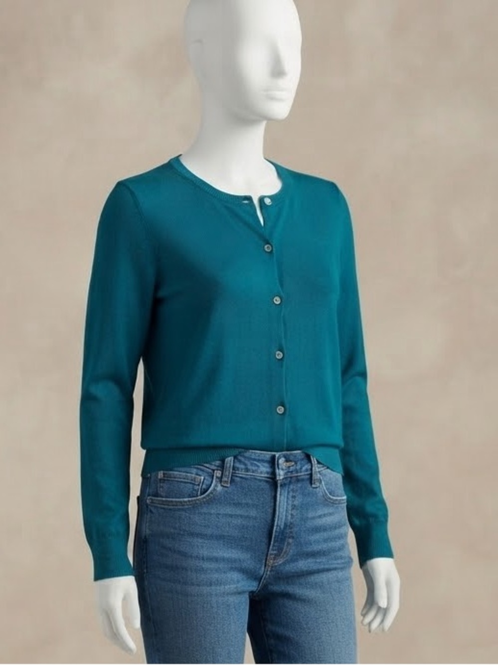 Lands' End Teal Crewneck Cardigan Sweater size M (10-12)